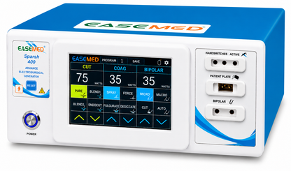 EASEMED Sparsh 400 400W touchscreen electrosurgical generator with monopolar and bipolar surgical modes.