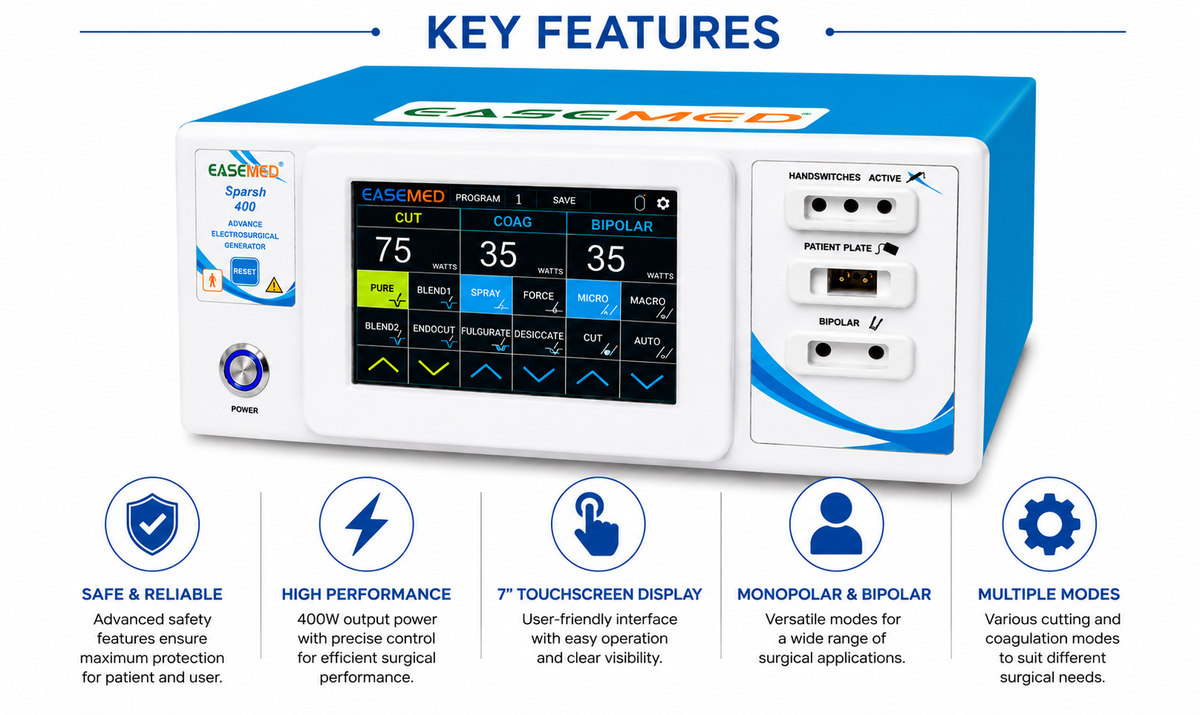 EASEMED Sparsh 400W Electrosurgical Generator | 7" Touchscreen Monopolar & Bipolar ESU - Vishal Surgical Co