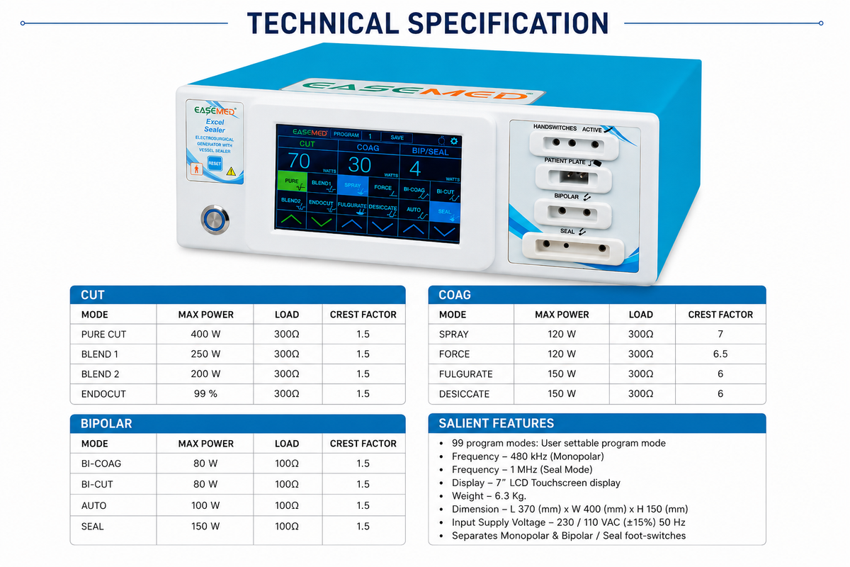 EASEMED Excel Sealer 400W Digital Electrosurgical Generator with Vessel Sealing | Touchscreen ESU - Vishal Surgical Co