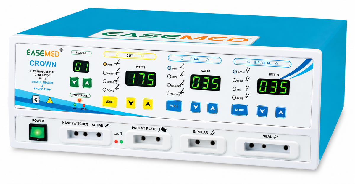 EASEMED CROWN 400W Electrosurgical Generator with Monopolar Cut, Bipolar Coagulation, Vessel Sealer, Saline TURP, LED display and microprocessor control.