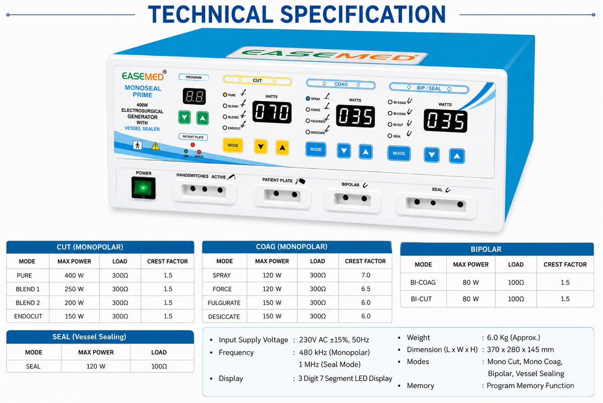 EASEMED Monoseal Prime 400W Digital Electrosurgical Generator with Vessel Sealing - Vishal Surgical Co