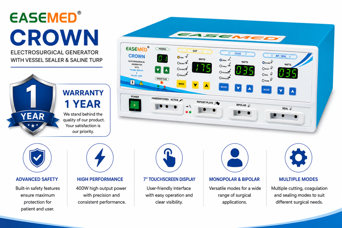 EASEMED CROWN 400W Electrosurgical Generator | Monopolar, Bipolar, Vessel Sealer & Saline TURP System - Vishal Surgical Co