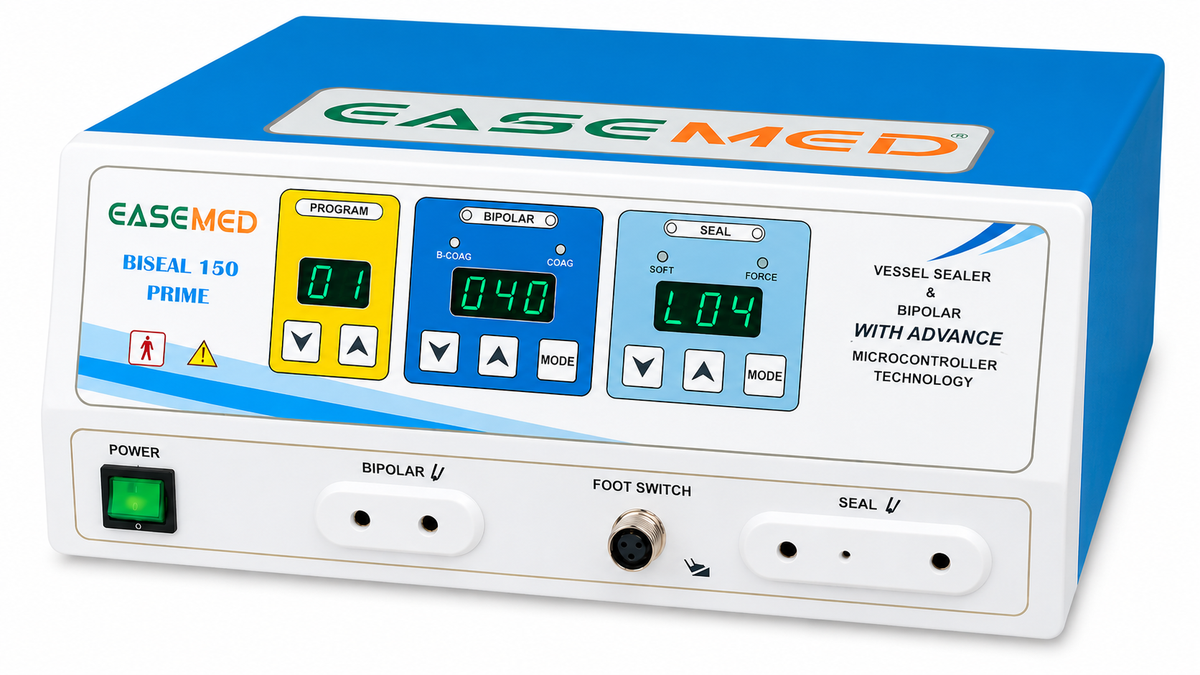 EASEMED Biseal 150 Prime Vessel Sealer & Bipolar Electrosurgical Generator with advanced microcontroller technology, digital LED display, vessel sealing mode, bipolar coagulation, and 150W surgical energy output.