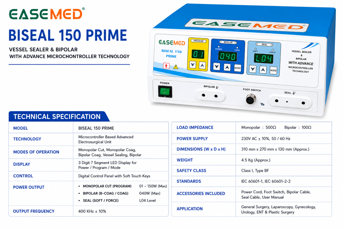 EASEMED Biseal 150 Prime Vessel Sealer & Bipolar Electrosurgical Generator | 150W - Vishal Surgical Co