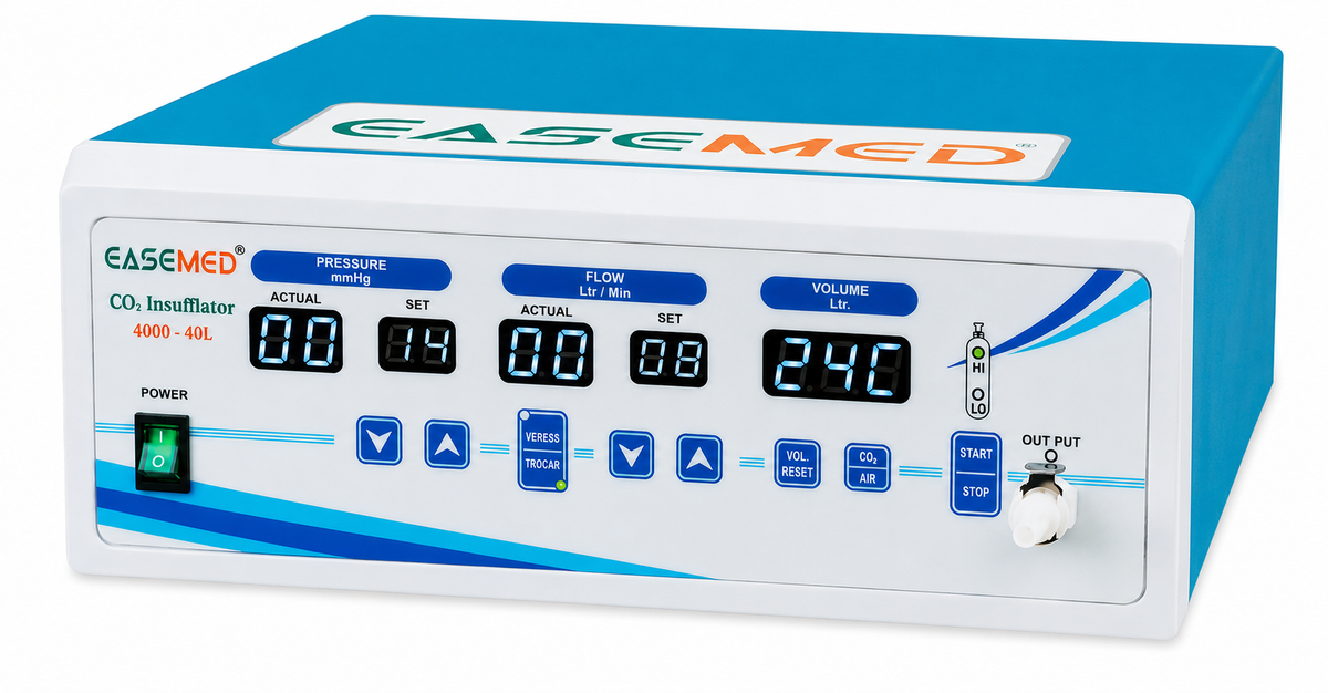 EASEMED CO₂ Insufflator 40L digital laparoscopic insufflation system with microprocessor control, LED display, adjustable 1–40 L/min flow, pressure monitoring, safety alarms, and universal output port.