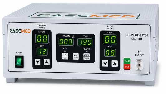 EASEMED CO₂ Insufflator 30L digital laparoscopic insufflation system with inbuilt gas warmer, LED pressure and flow display, 1–30 L/min flow rate, safety alarms, pressure regulator, silicone patient tube, and standard accessories.