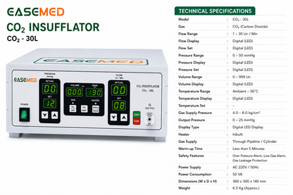 EASEMED CO₂ Insufflator 30L with Inbuilt Gas Warmer | Digital Laparoscopic CO₂ Insufflation System | 1–30 L/min Medical Insufflator With Air Mode - Vishal Surgical Co
