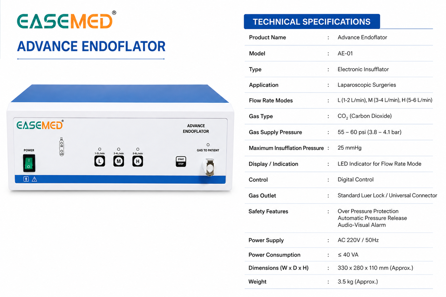 EASEMED Advance Endoflator CO₂ Insufflator with Inbuilt Gas Warmer | Microcontroller Controlled | 3 Flow Modes | Laparoscopic Endoscopic Insufflation Unit