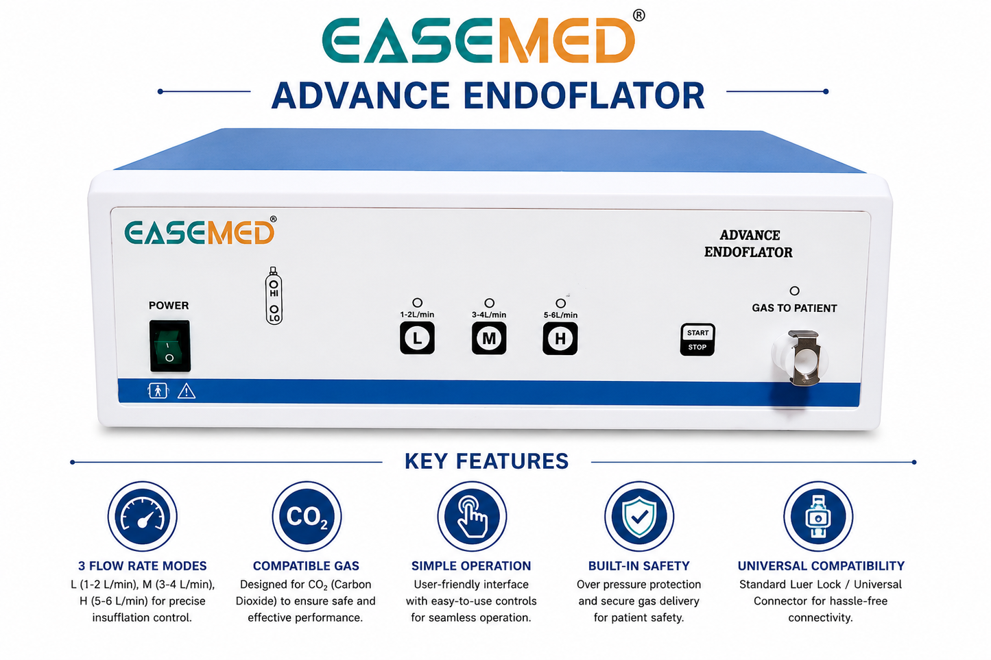 EASEMED Advance Endoflator CO₂ Insufflator with Inbuilt Gas Warmer | Microcontroller Controlled | 3 Flow Modes | Laparoscopic Endoscopic Insufflation Unit