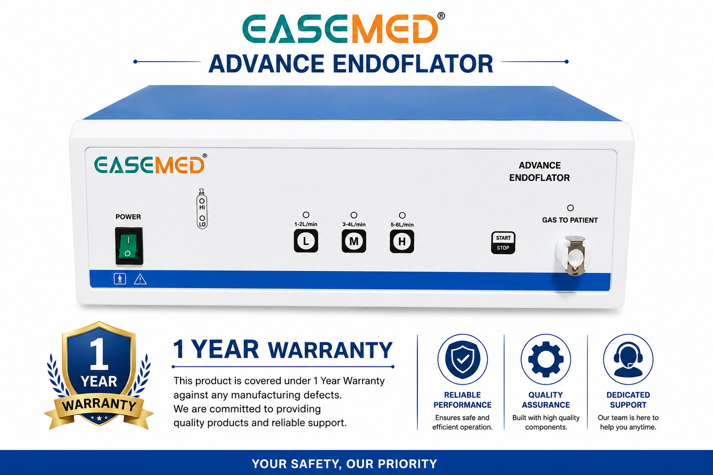 EASEMED Advance Endoflator CO₂ Insufflator with Inbuilt Gas Warmer | Microcontroller Controlled | 3 Flow Modes | Laparoscopic Endoscopic Insufflation Unit