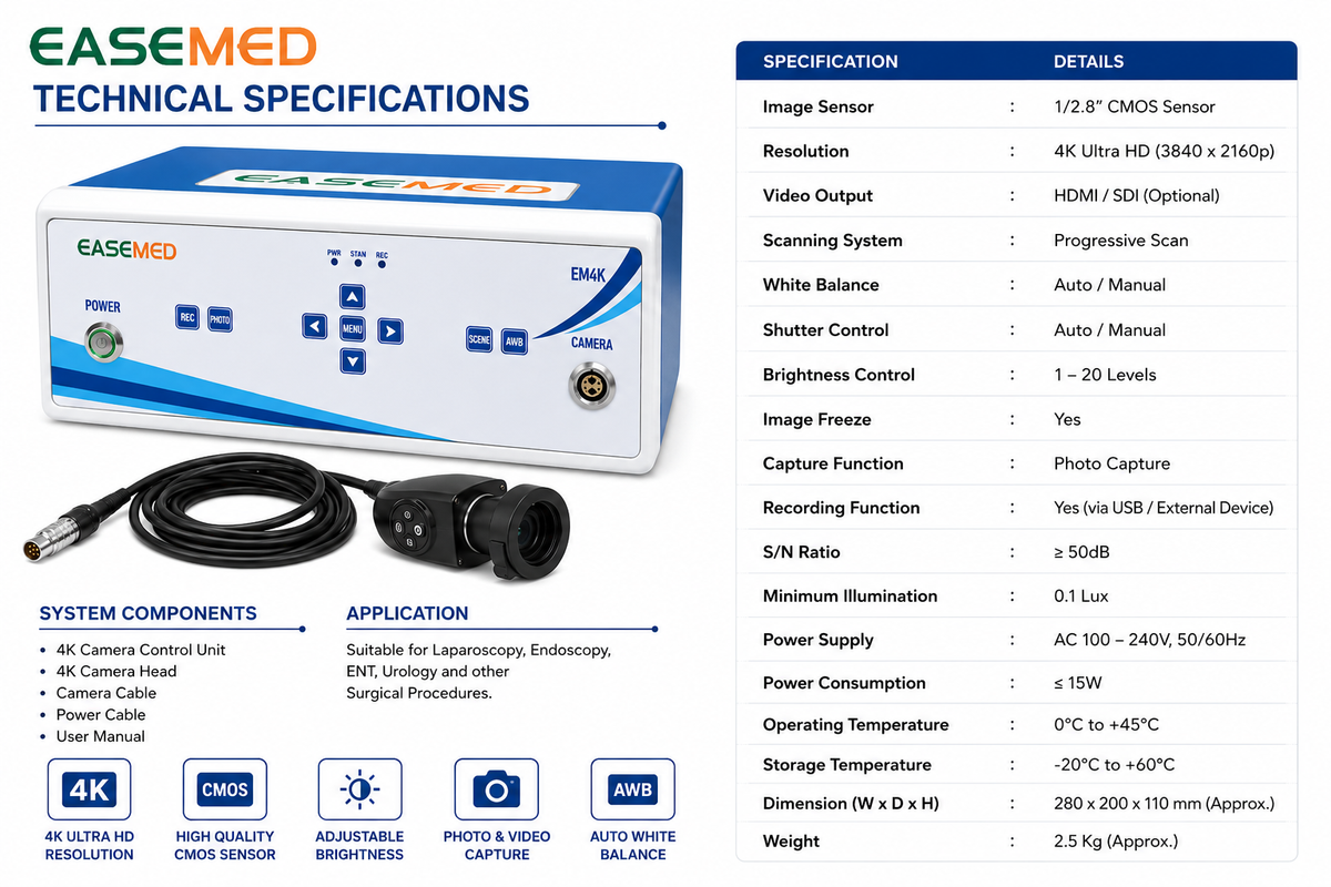 EASEMED EM4K 4K UHD Endoscopy & Laparoscopy Camera System with Camera Head | 3840×2160 Ultra HD CMOS Medical Surgical Camera | HDMI Output - Vishal Surgical Co