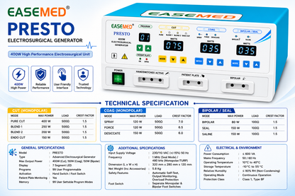 EASEMED PRESTO 400W Electrosurgical Generator | Digital Monopolar & Bipolar ESU - Vishal Surgical Co