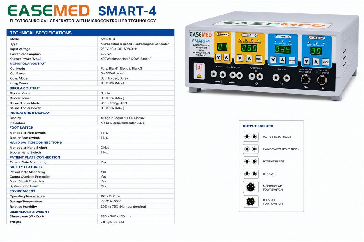 EASEMED Smart-4 400W Electrosurgical Generator | Microcontroller Monopolar & Bipolar ESU - Vishal Surgical Co