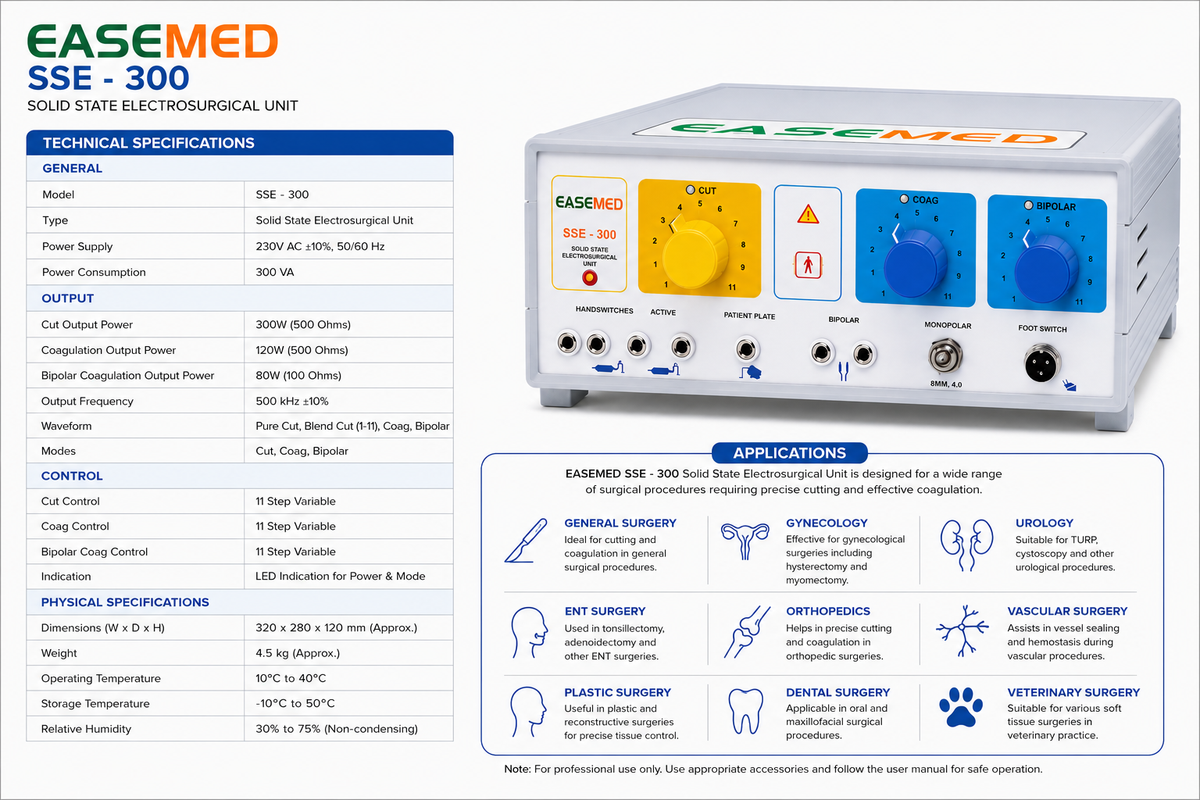 EASEMED SSE-300 Analog Electrosurgical Generator 300W | Monopolar & Bipolar ESU Machine - Vishal Surgical Co