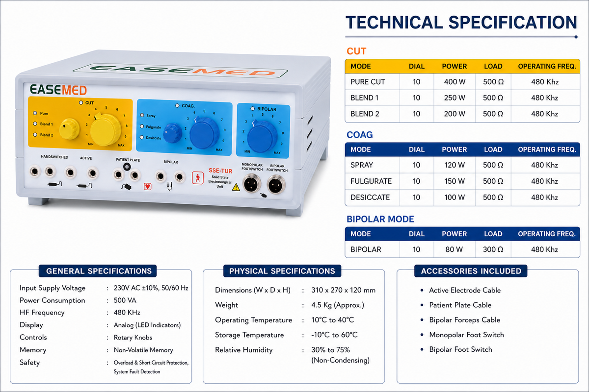 EASEMED SSE-TUR 400W Analog Electrosurgical Generator | Monopolar & Bipolar Cautery Machine - Vishal Surgical Co
