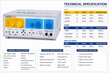 EASEMED SSE-TUR 400W Analog Electrosurgical Generator | Monopolar & Bipolar Cautery Machine - Vishal Surgical Co