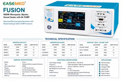 EASEMED FUSION 400W Electrosurgical Generator with Vessel Sealer & Saline TURP | 7" Touchscreen ESU - Vishal Surgical Co