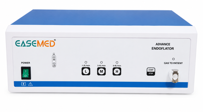 EASEMED Advance Endoflator CO₂ Insufflator with Inbuilt Gas Warmer, Microcontroller Controlled Laparoscopic Endoscopic Insufflation Unit featuring 3 flow modes, digital control, LED indicators, universal Luer lock connector, and 1-year manufacturer warranty.
