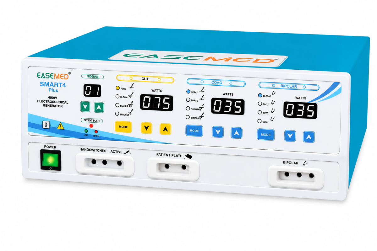 EASEMED Smart4 Plus 400W digital electrosurgical generator front view with LED display and monopolar bipolar controls.