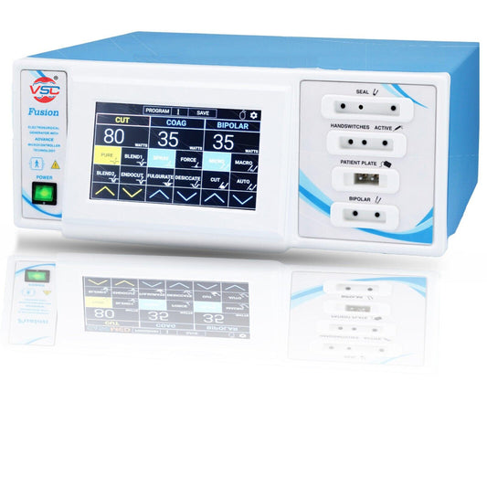 Fusion 400W cautery machine with integrated vessel sealing system and saline bipolar TURP set, designed for precise tissue coagulation and safe surgical performance in urological procedures.