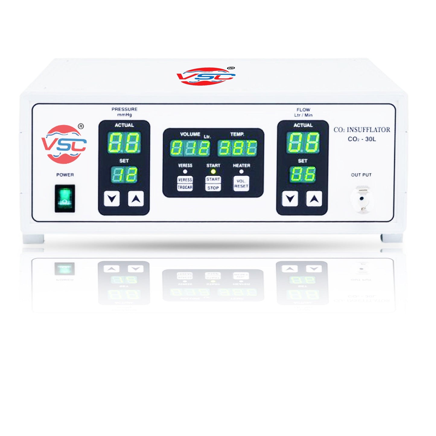 Laparoscopic CO2 insufflator system machine, 30 liters capacity, designed for precise and controlled insufflation during minimally invasive surgeries, without the air mode for optimized CO2 delivery.