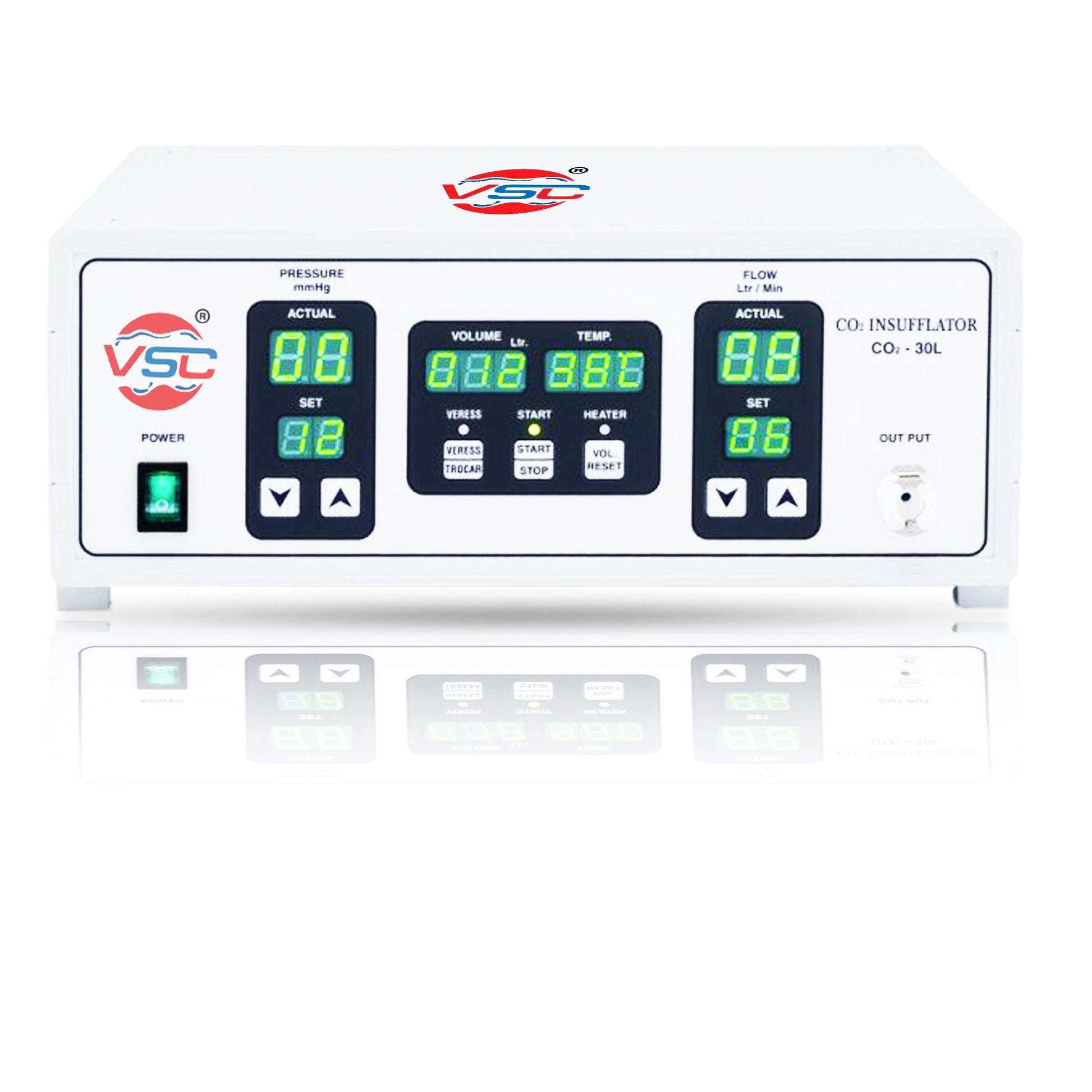 Laparoscopic CO2 insufflator system machine, 30 liters capacity, designed for precise and controlled insufflation during minimally invasive surgeries, without the air mode for optimized CO2 delivery.