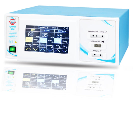SPARSH 400 Advance Touchscreen 400Watt Cautery Machine Electrosurgical Generator, designed for precise tissue cutting and coagulation during surgical procedures, featuring advanced touchscreen controls for optimal performance and ease of use.
