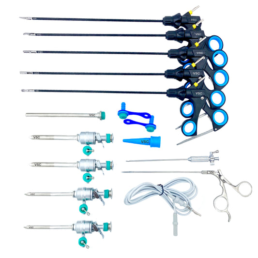 VSC laparoscopic complete surgical instruments set with forceps, graspers, trocar ports, closure devices and cables, reusable stainless steel instruments